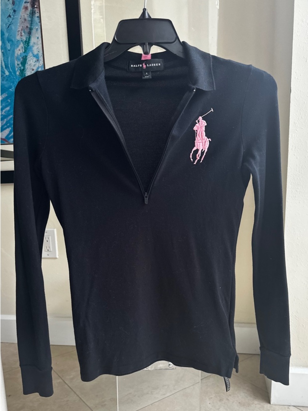 Ralph Lauren BLK Label long sleeve Pink Pony top w a 3/4 deep zipper neck